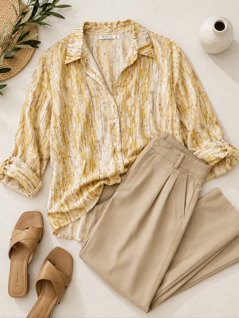 Linen Blend Butter Yellow & Cream Button-Front Blouse | Roll Tab - Picture 3 of 5